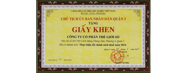 DIGIWORLD NHẬN BẰNG KHEN CÓ THÀNH TÍCH THỰC HIỆN TỐT NGHĨA VỤ THUẾ 2014